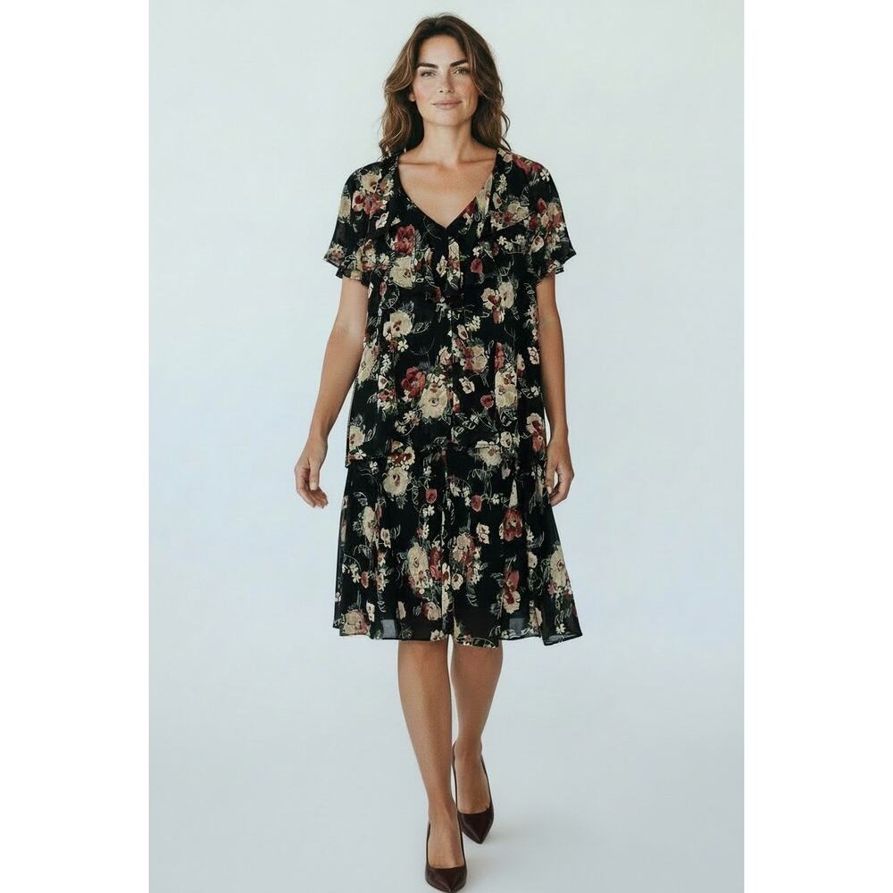 Chaps Black Floral Two Piece Skirt Set Women’s XL|V-Neck Ruffle Blouse EUC